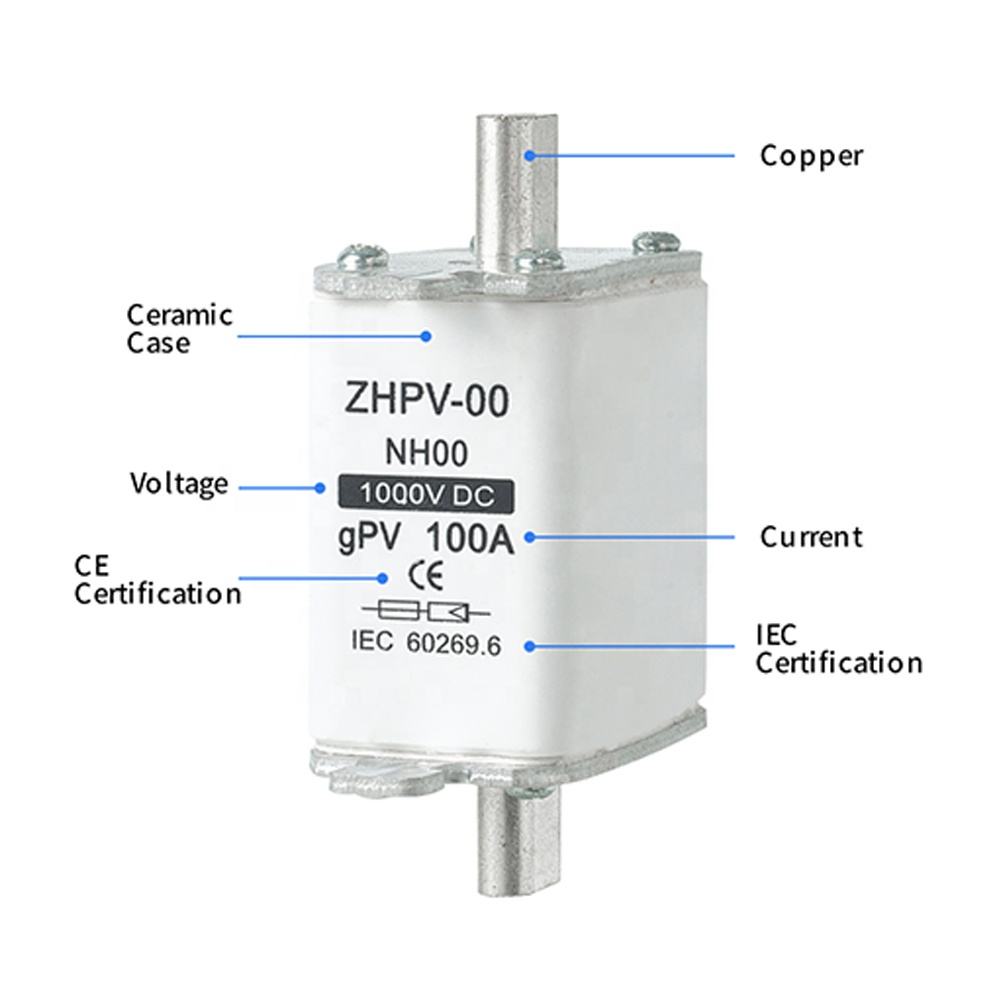 NH00-1000V IEC Low Voltage Photovoltaic Knife Fuse ပလပ်စတစ် 80A 6ka ကွဲထွက်နိုင်မှု
